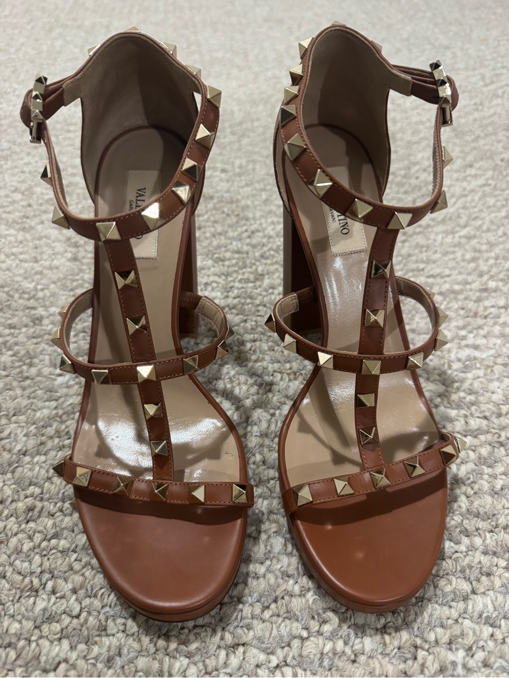 Valentino Garavani Brown Leather Rockstud T-Strap High Heel Sandals